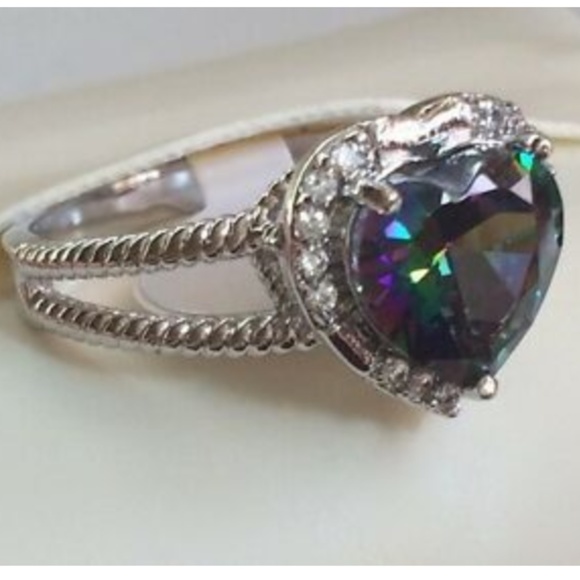 Silver Mystic Topaz Heart Cocktail Ring Size 10 11 12 13 Rhodium Plated - Picture 3 of 8
